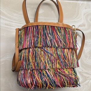 Frances Valentine Multicolor Fringe raffia straw Tote Bag with crossbody strap